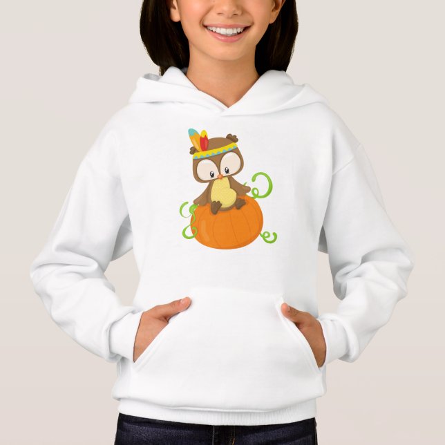 Thanksgiving Owl, Brown Owl, Feathers, Pumpkin Hoodie (Front)