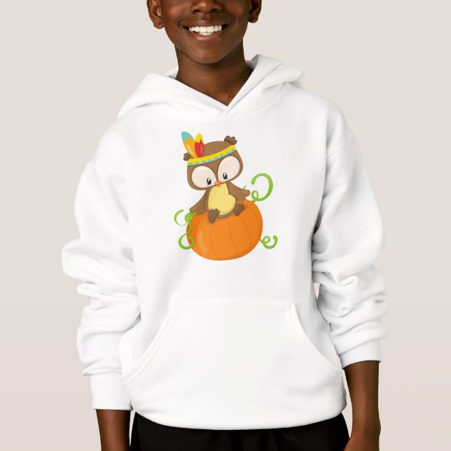 Thanksgiving Owl, Brown Owl, Feathers, Pumpkin Hoodie (Front)