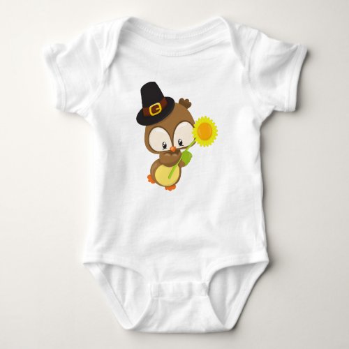 Thanksgiving Owl Brown Owl Pilgrim Hat Flower Baby Bodysuit