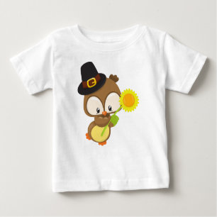 Thanksgiving Owl, Brown Owl, Pilgrim Hat, Flower Baby T-Shirt