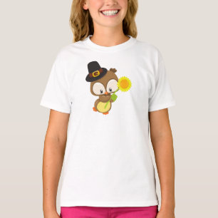 Thanksgiving Owl, Brown Owl, Pilgrim Hat, Flower T-Shirt