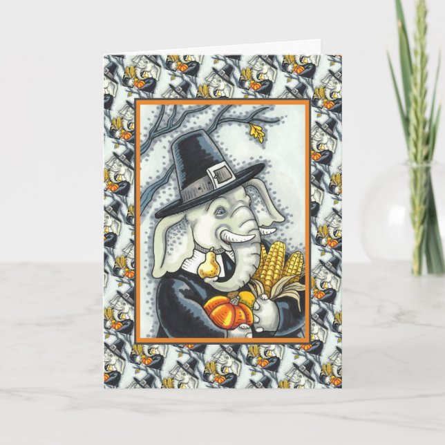 THANKSGIVING PACHYDERM, THANKFUL PILGRIM ELEPHANT HOLIDAY CARD (Front)