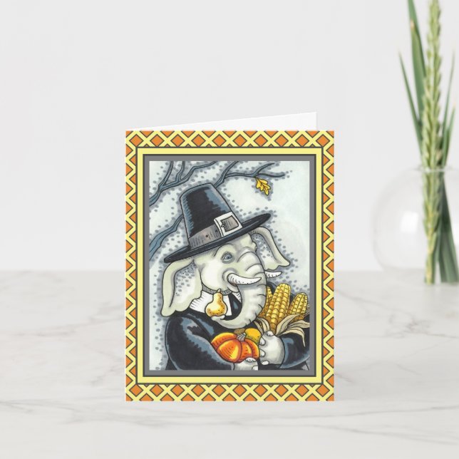 THANKSGIVING PACHYDERM, THANKFUL PILGRIM ELEPHANT HOLIDAY CARD (Front)