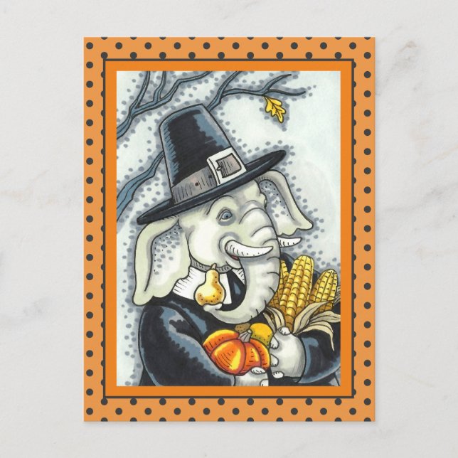 THANKSGIVING PACHYDERM, THANKFUL PILGRIM ELEPHANT HOLIDAY POSTCARD (Front)