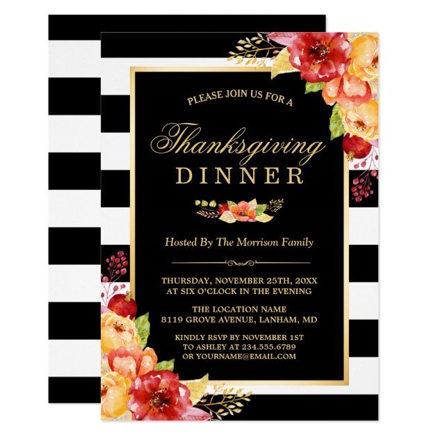 Thanksgiving Party Autumn Gold Red Floral Stripes Card