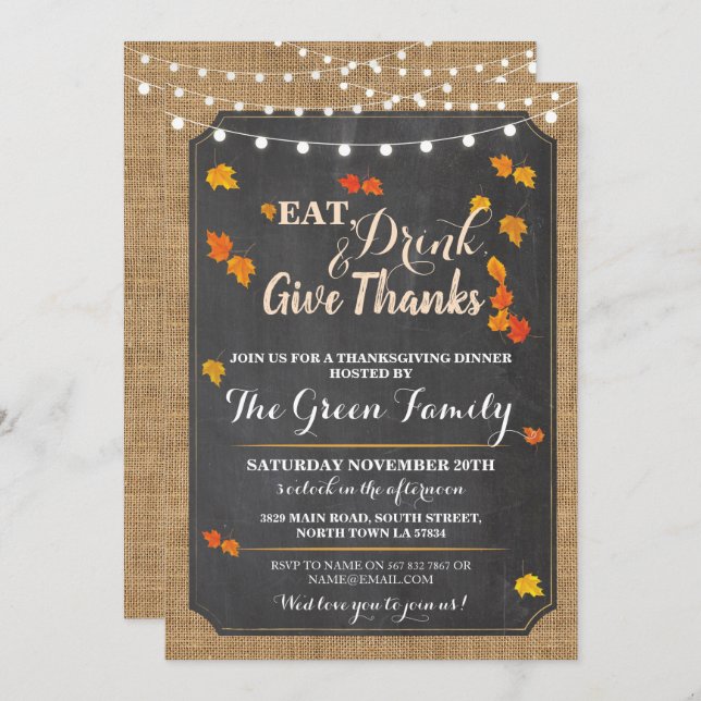 Thanksgiving Party Fall Rustic Lights Invite (Front/Back)