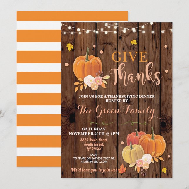 Thanksgiving Party Fall Wood Pumpkin Dinner Invitation (Front/Back)