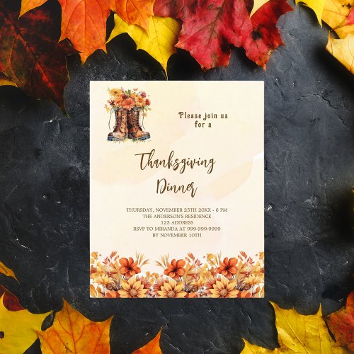 Thanksgiving party floral boots budget invitation