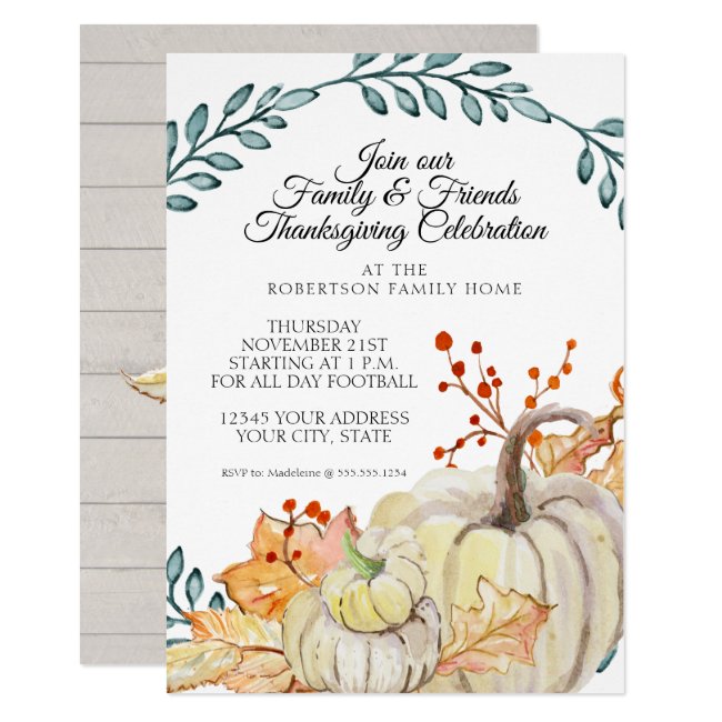 Thanksgiving Party Rustic Fall Leaf n Wood Pumpkin Invitation