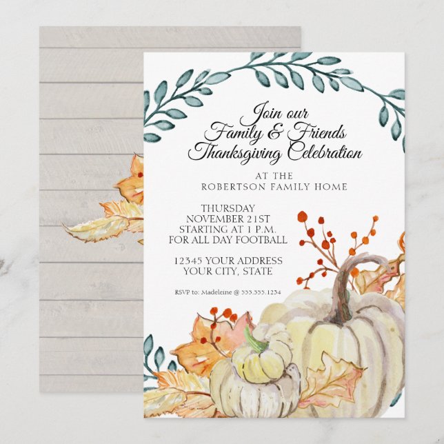 Thanksgiving Party Rustic Fall Leaf n Wood Pumpkin Invitation (Front/Back)