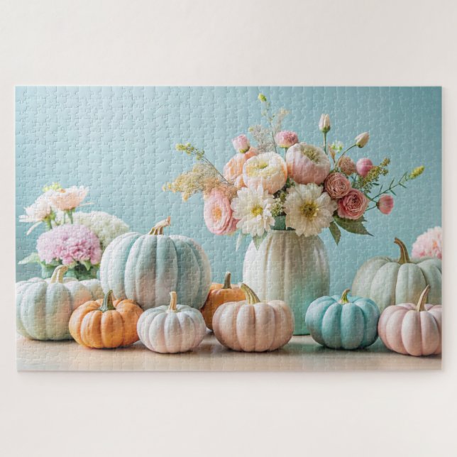 Thanksgiving Pastel Pumpkins and Floral Arrangemen Jigsaw Puzzle (Horizontal)