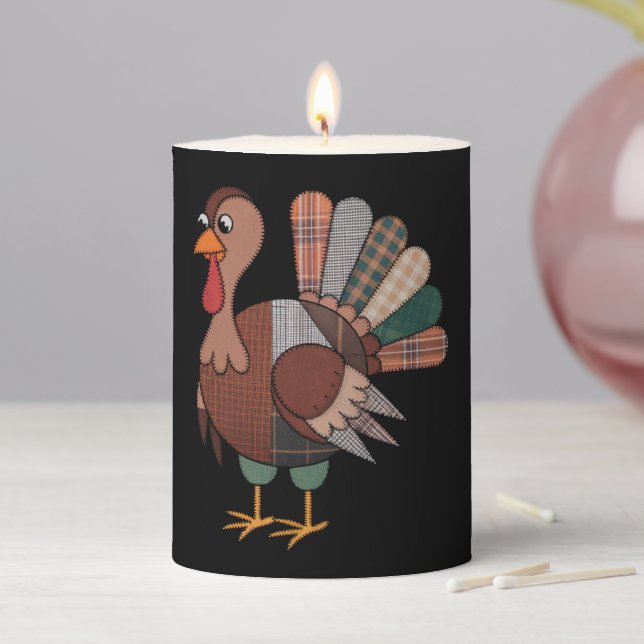 Thanksgiving Patchwork Quilted Turkey Fall Pillar Candle (In Situ)