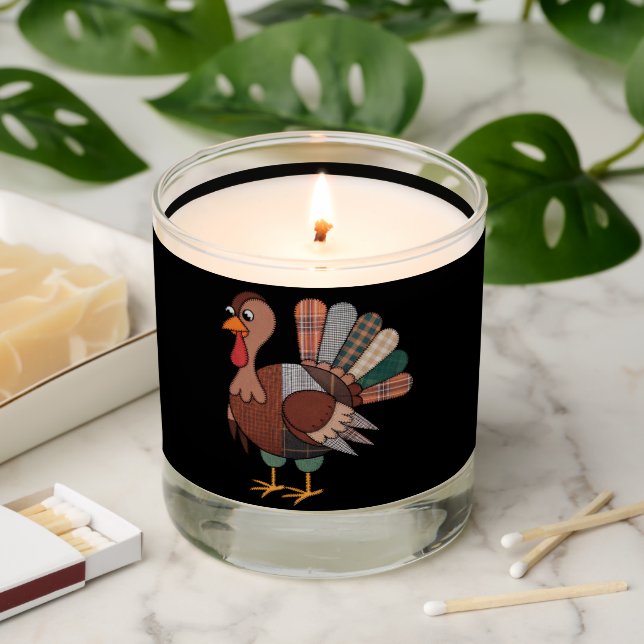 Thanksgiving Patchwork Quilted Turkey Fall Scented Candle (Lit)