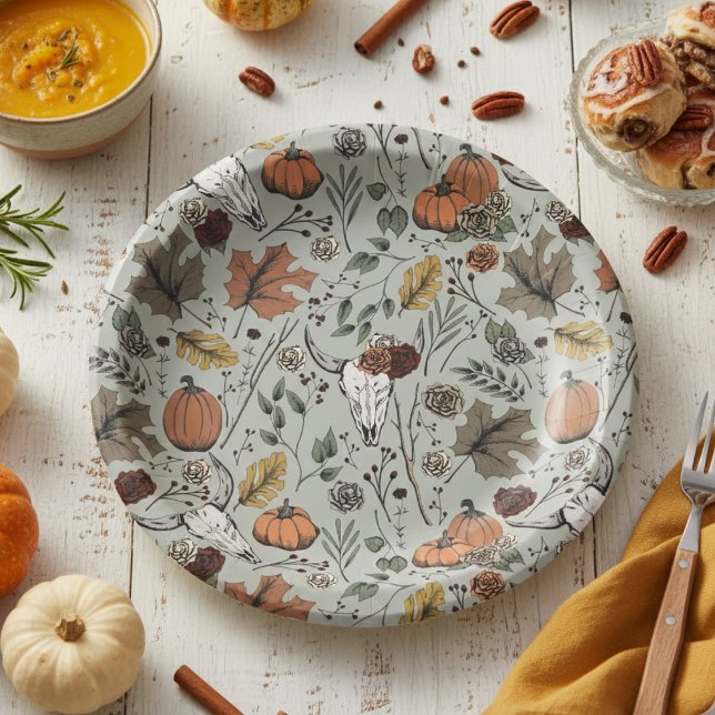 Thanksgiving Pattern Cow Skull Fall Harvest Paper Plates (Floral Cow Skull Pumpkin & Fall Leaves Pattern Autumn Paper Plates. Rustic Goth Southwestern Style)