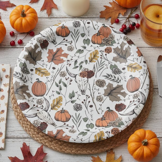 Thanksgiving Pattern Cow Skull Fall Harvest Paper Plates (Chic Rustic Floral Cow Skull Pattern Autumn Paper Plates. Country Western & Slightly Gothic Style)
