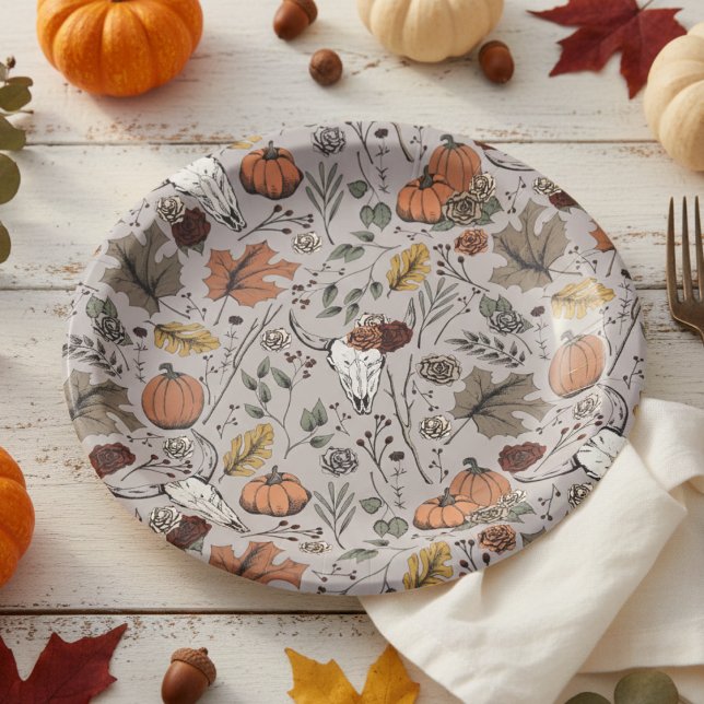 Thanksgiving Pattern Cow Skull Fall Harvest Paper Plates (Chic Rustic Floral Cow Skull Pattern Autumn Paper Plates. Country Western & Slightly Gothic Style)