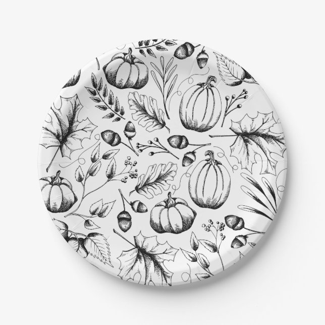 Thanksgiving Pattern Fall Harvest Pumpkin Paper Plates (Front)