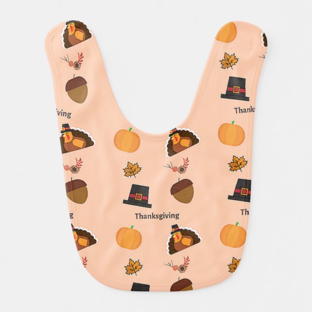 Thanksgiving pattern on pink baby bib (Front)