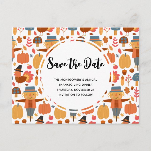 Thanksgiving Pattern Save the Date Invitation Postcard (Front)