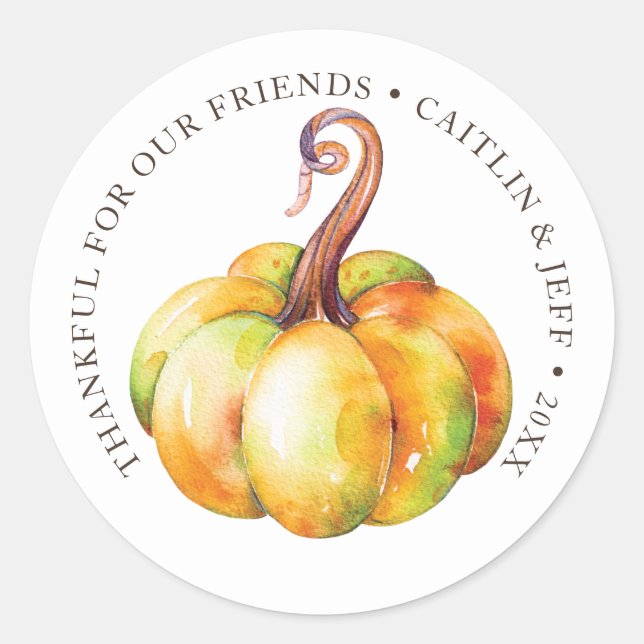 Thanksgiving personalized pumpkin watercolor classic round sticker (Front)