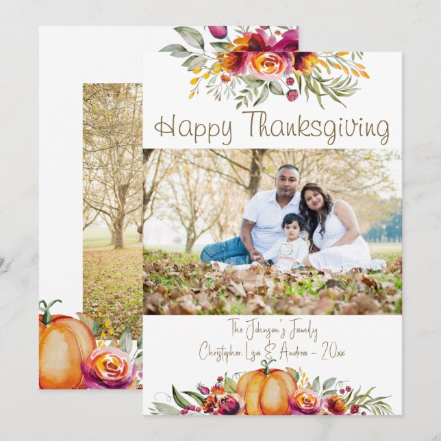 Thanksgiving photo card with pumpkins and leaves (Front/Back)