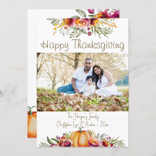 Thanksgiving photo card with pumpkins and leaves