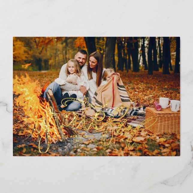 Thanksgiving Photo Collage | Leaves of Gratitude Foil Holiday Card (Front)