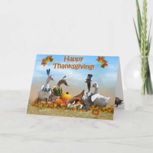 Thanksgiving Pilgrim and Indian Ducks Holiday Card