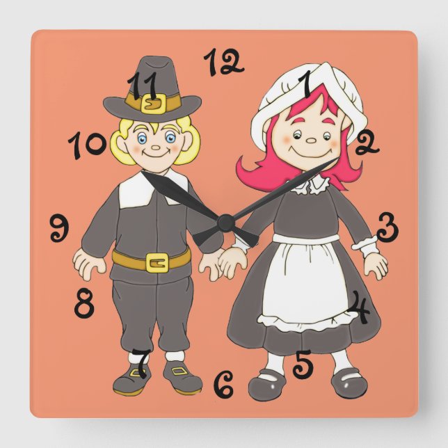 Thanksgiving Pilgrim Boy And Girl Square Wall Clock (Front)