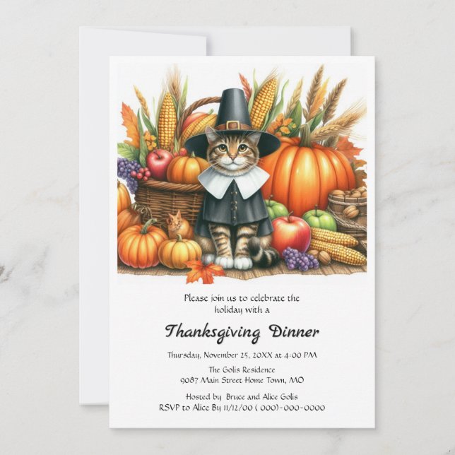 Thanksgiving Pilgrim Cat  and Pumpkins  Invitation (Front)