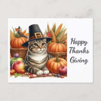 Thanksgiving Pilgrim Cat and Pumpkins 