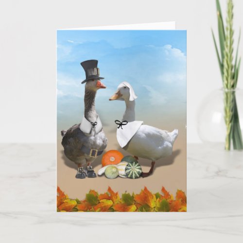 Thanksgiving Pilgrim Duck Couple Holiday Card