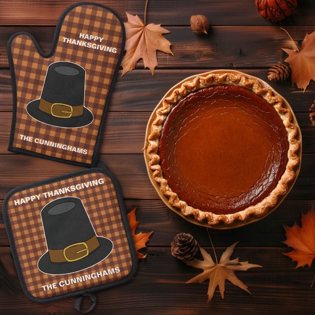 Thanksgiving Pilgrim Hat on Tan and Brown Plaid  Oven Mitt & Pot Holder Set (Creator Uploaded)
