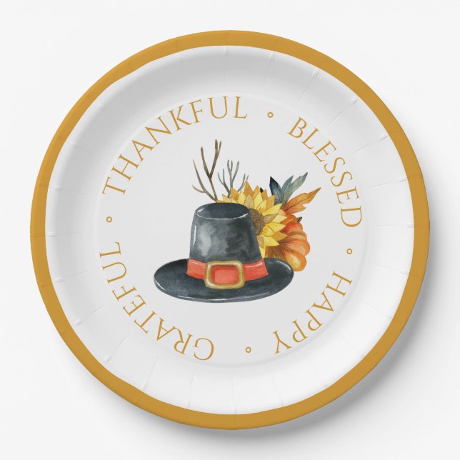 Thanksgiving Pilgrim Hat Pumpkin Sunflower Paper Plates (Front)
