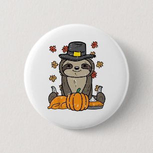 Thanksgiving Pilgrim Sloth Cute Fall Autumn Men Wo Button