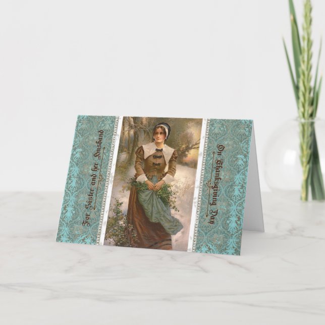 Thanksgiving Pilgrim Woman for Sister & Husband Holiday Card (Front)