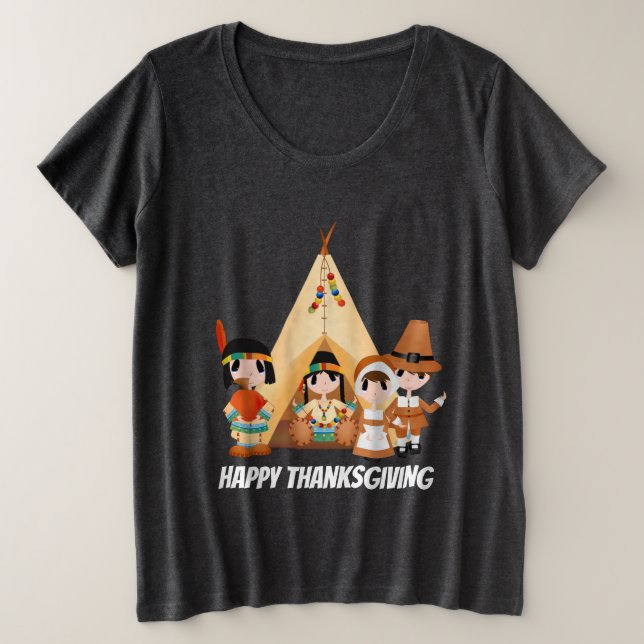 Thanksgiving Pilgrims and Indians Plus Size T-Shirt (Design Front)