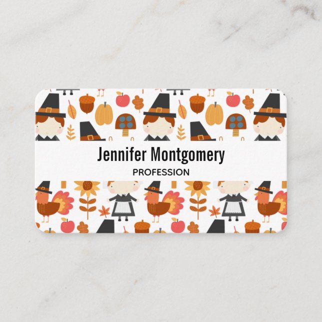Thanksgiving Pilgrims Harvest Pattern Business Card (Front)