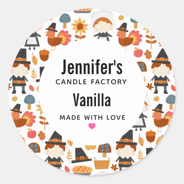 Thanksgiving Pilgrims Harvest Pattern Candle Classic Round Sticker (Front)