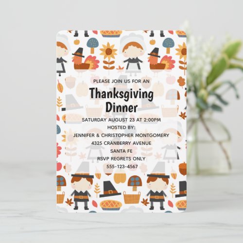 Thanksgiving Pilgrims Harvest Pattern Dinner Invitation