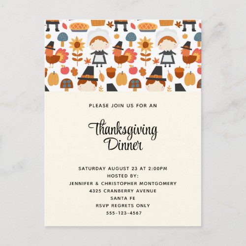 Thanksgiving Pilgrims Harvest Pattern Dinner Invitation Postcard