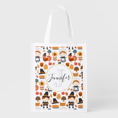 Thanksgiving Pilgrims Harvest Pattern Grocery Bag