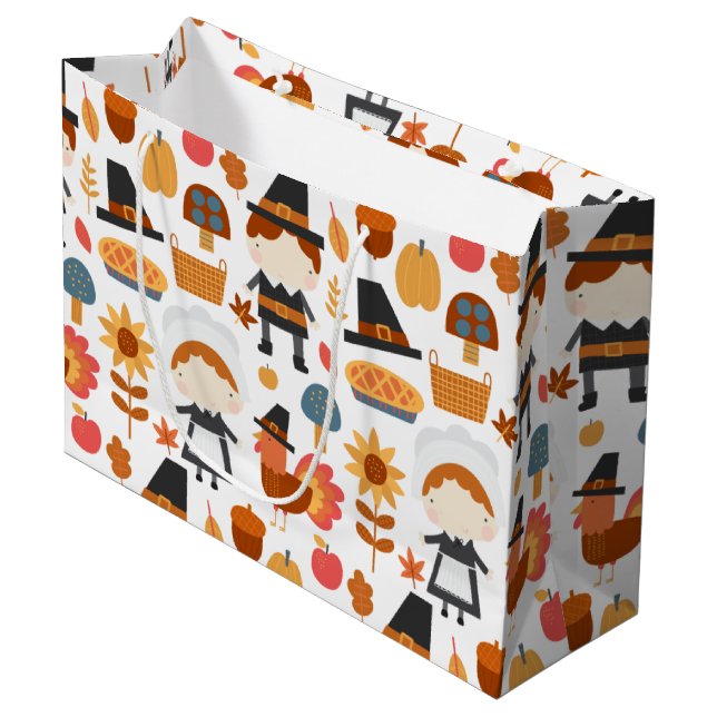 Thanksgiving Pilgrims Harvest Pattern Large Gift Bag (Front Angled)
