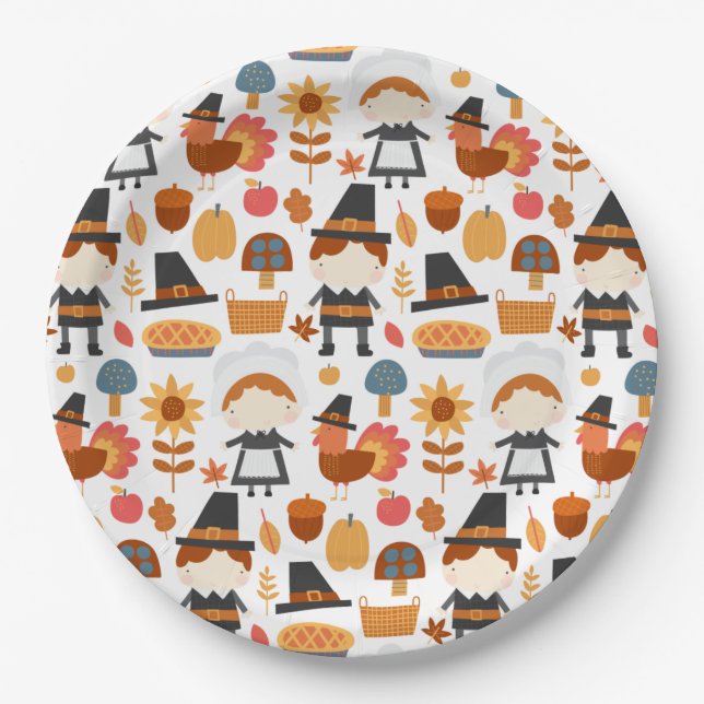  Thanksgiving Pilgrims Harvest Pattern Paper Plates (Front)