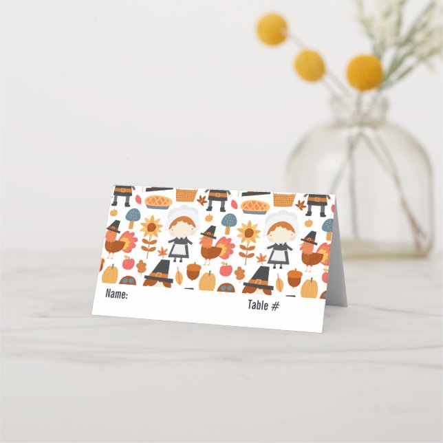 Thanksgiving Pilgrims Harvest Pattern Place Card (Front)