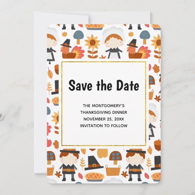  Thanksgiving Pilgrims Harvest Pattern Save The Date (Front)