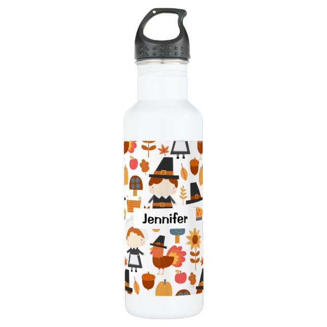  Thanksgiving Pilgrims Harvest Pattern Stainless Steel Water Bottle (Front)