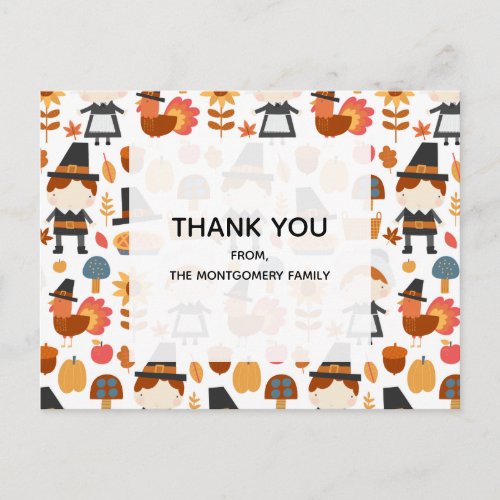 Thanksgiving Pilgrims Harvest Pattern Thank You Postcard