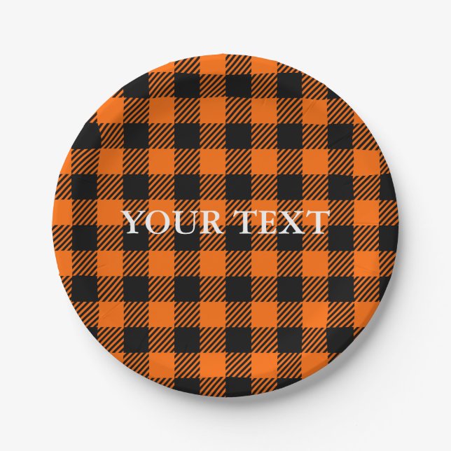 Thanksgiving Plaid Pattern In Black And Orange Paper Plates (Front)