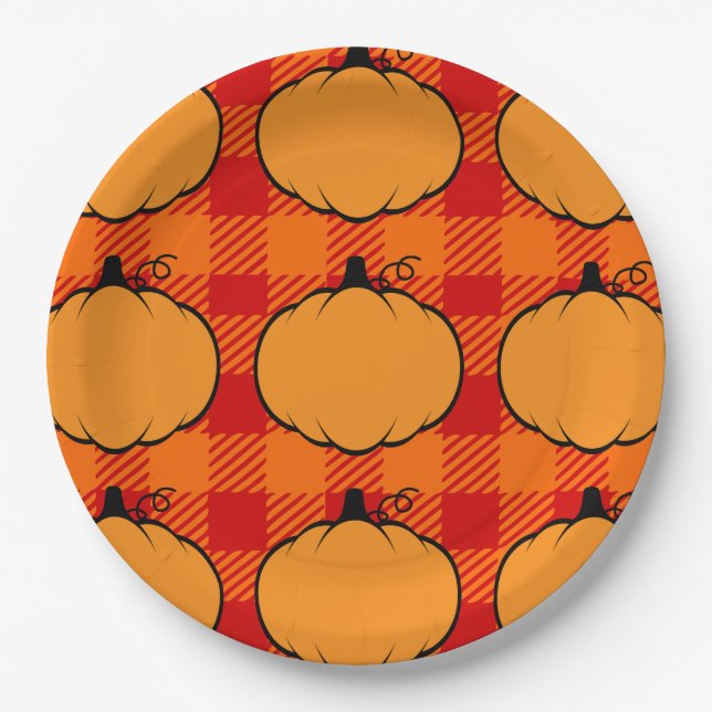 Thanksgiving Plaid Pumpkin Drawing Paper Plates (Front)